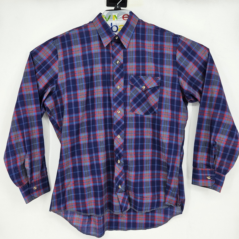 Vintage Wrangler Shirt Mens Large X Long Tails Western Pearl Snap Plaid Blue